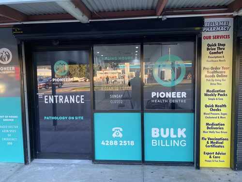 Pioneer Health Centre front entrance with bulk billing signage