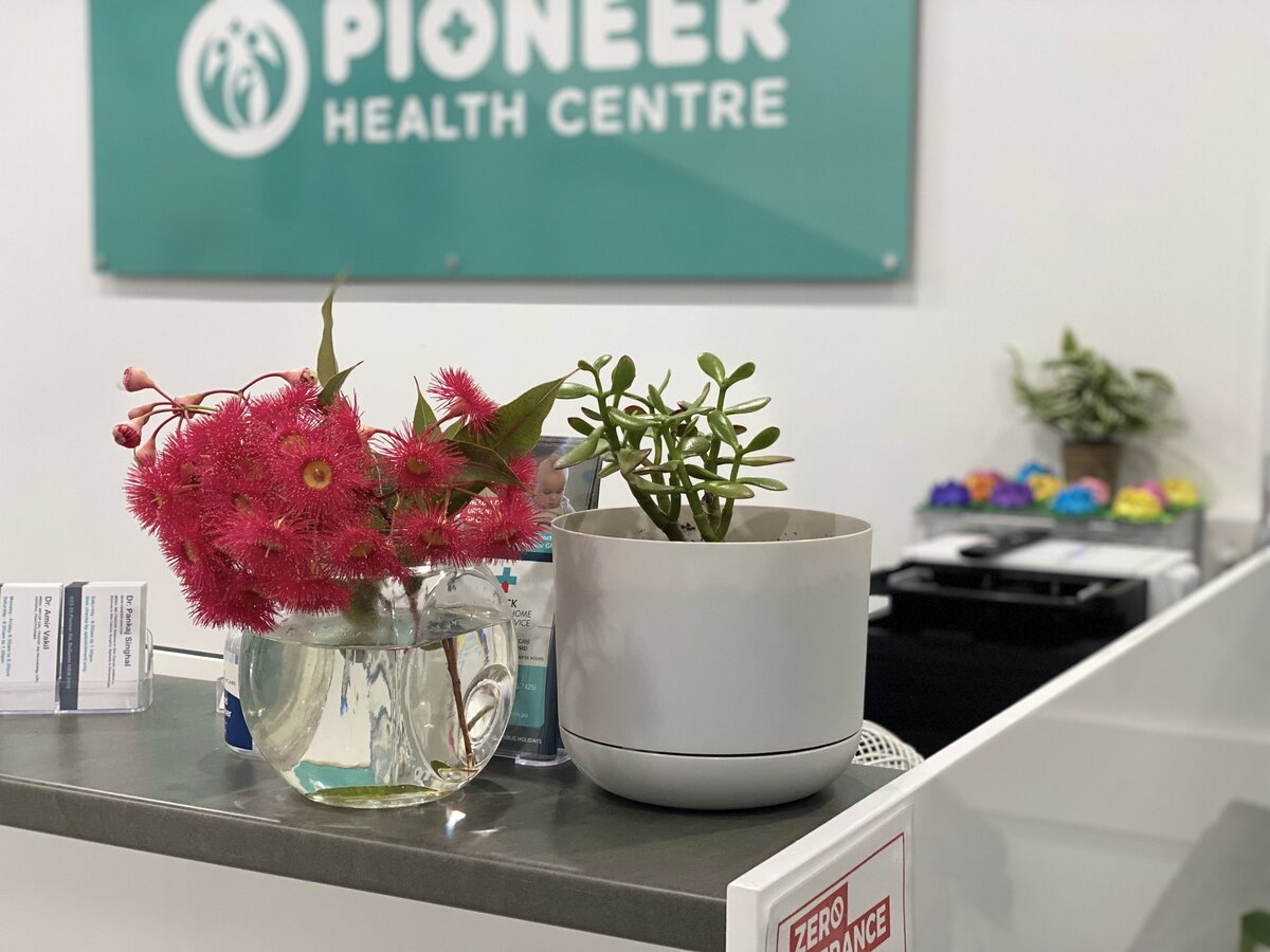 Reception counter with fresh flowers