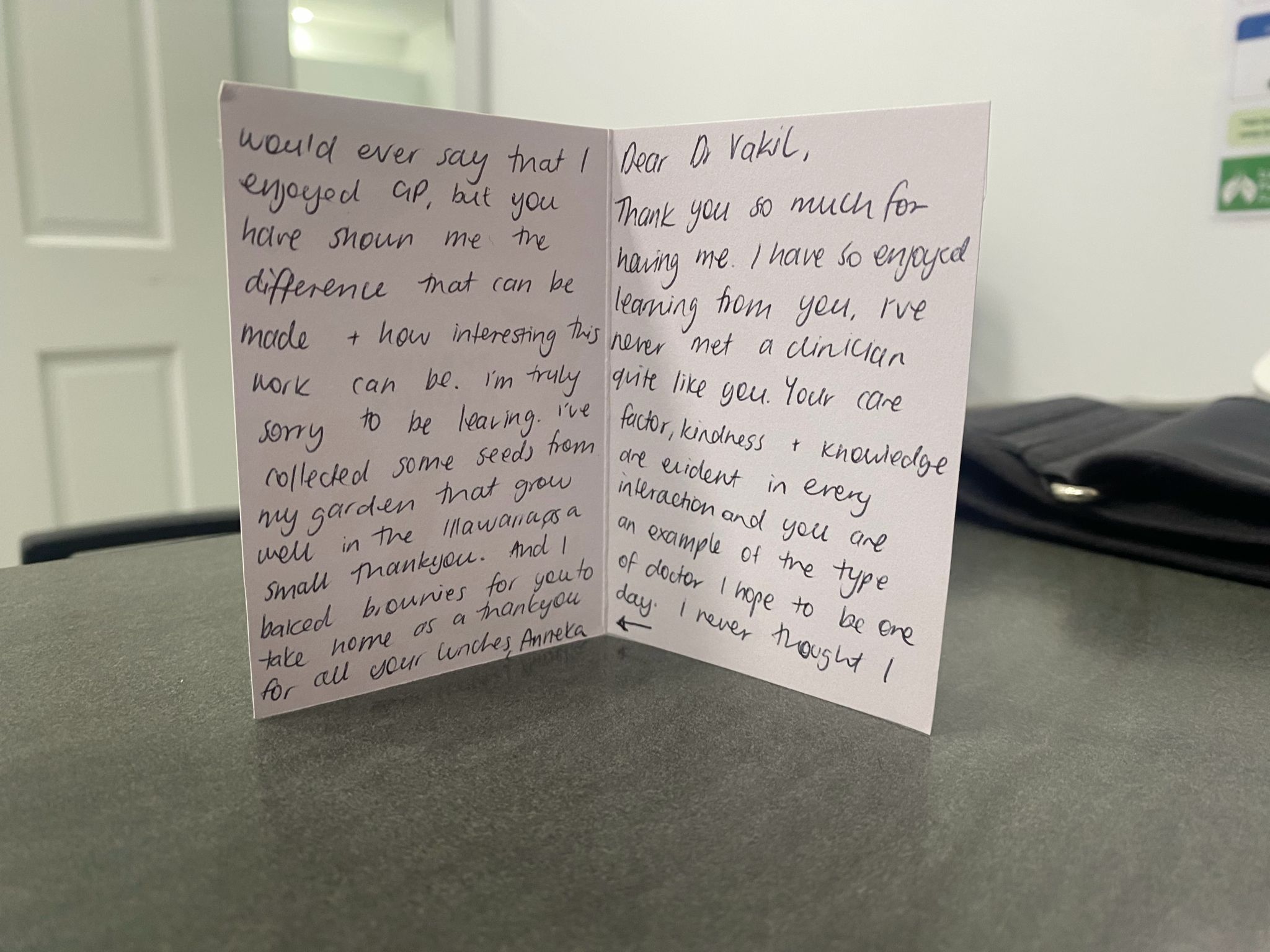 Handwritten thank-you note from a visiting medical student to Dr Vakil