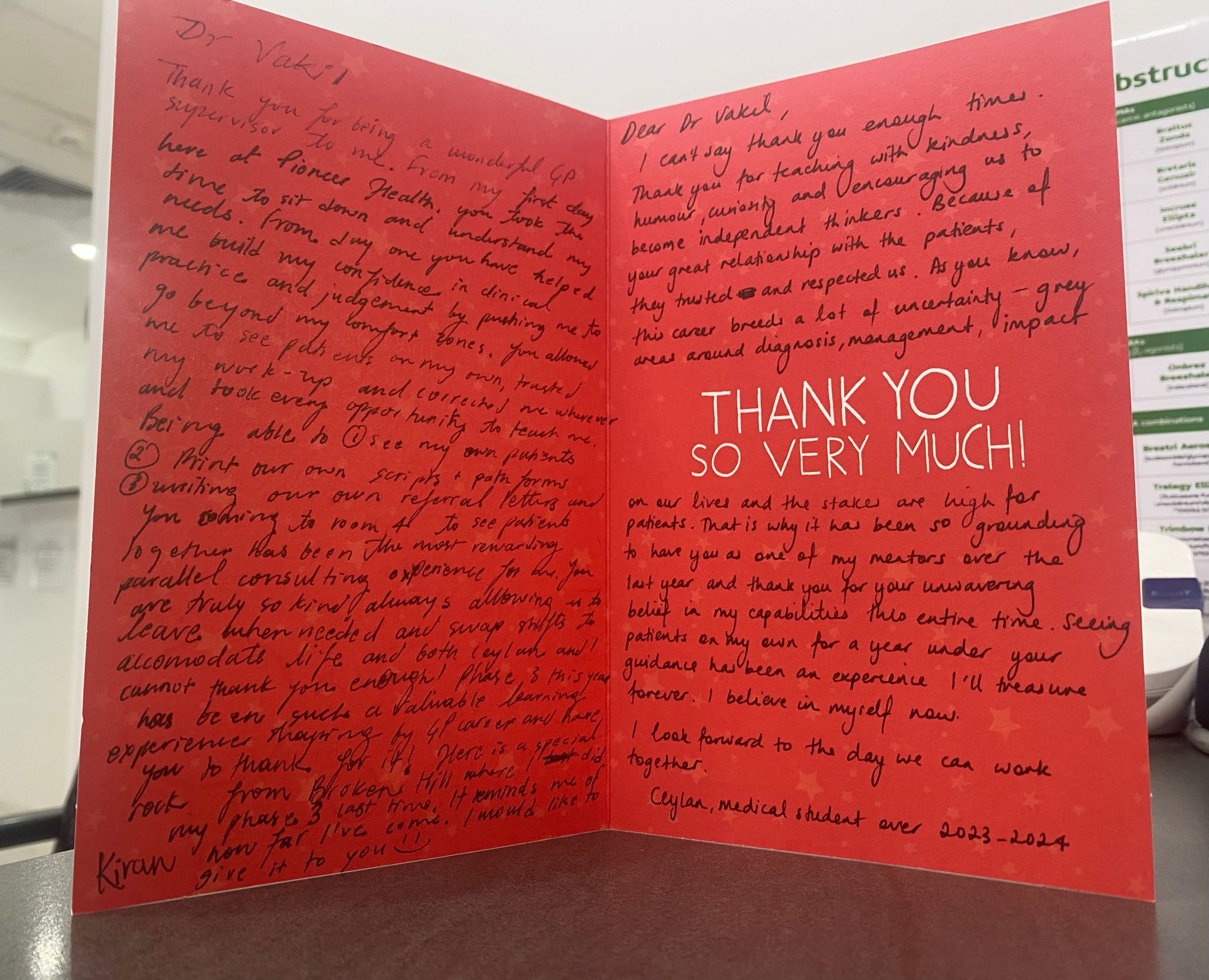 Handwritten thank-you card from a medical student to Dr Vakil