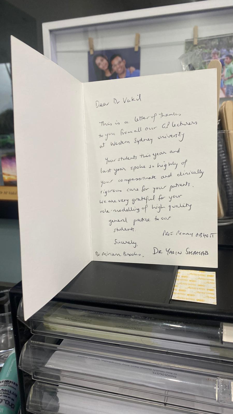 Letter of thanks from Western Sydney University GP lecturers